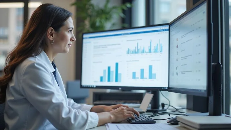 Denial management analyst reviewing claim rejection patterns on analytics dashboard in professional setting