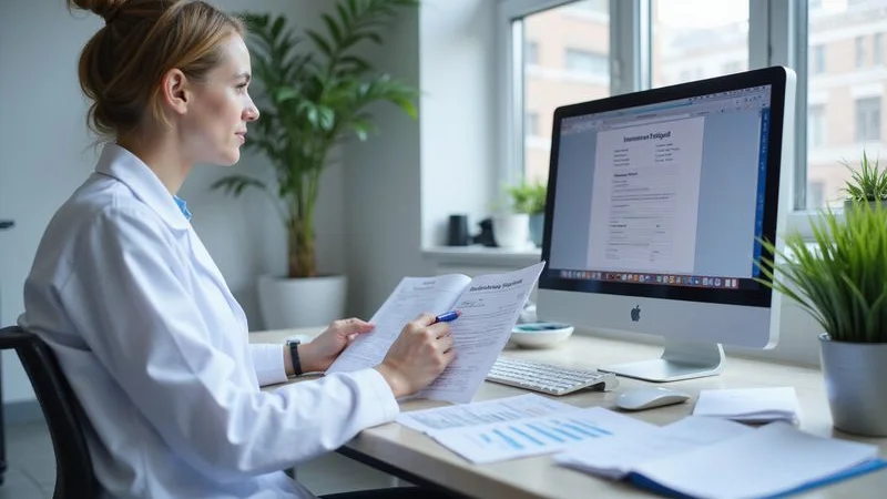 Insurance verification specialist reviewing patient eligibility data on a computer with insurance forms and patient records
